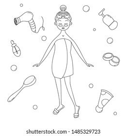 Illustration of cute cartoon set with girl and cosmetics. Spa procedure. Cream or lotion, serum, shampoo, hair dryer, soap and body brush, washcloth. Doodle style. Black and white. Vector version.