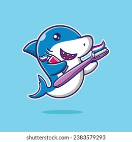 illustration cute cartoon shark with toothbrush