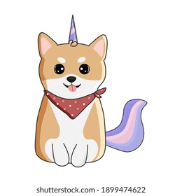 Illustration  of cute cartoon shiba inu dog with unicorn horn. It can be used for card, sticker,  phone case, poster, t-shirt,  etc.