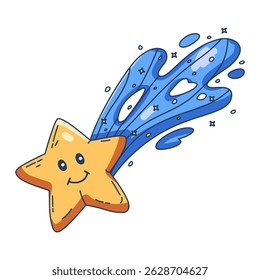 illustration of cute cartoon shooting stars with happy smiling faces and sparkling trails