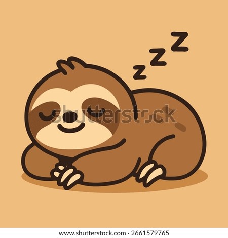 Illustration of a cute cartoon sloth is sleeping soundly, with zzzs floating above its head, capturing the essence of relaxation and tranquility in a charming and whimsical illustration