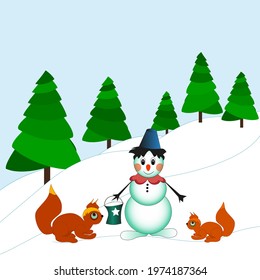 Illustration of a cute cartoon snowman and squirrels. Snowman and squirrels in the winter forest.