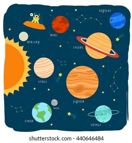 illustration of cute cartoon solar system. can be used for posters, cards and party invitations