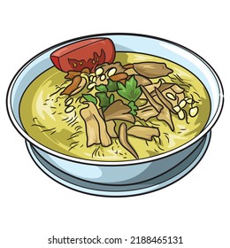 Illustration of cute cartoon of soto noodle soup.