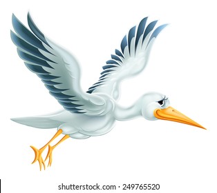 An illustration of a cute cartoon Stork bird character flying through the air