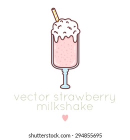 illustration of cute cartoon strawberry milkshake in jar with straw on white background. can be used for greeting cards or party invitations, t-shirts design, branding etc