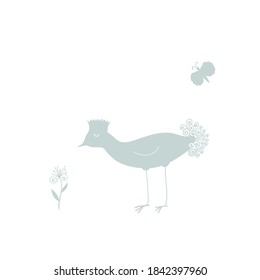 Illustration of cute cartoon style bird, flower and butterfly