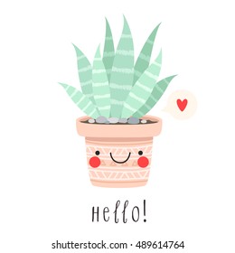 illustration of cute cartoon succulent with funny face in pot. can be used for cards, invitations or like sticker