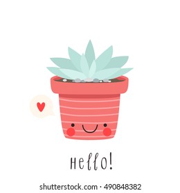 illustration of cute cartoon succulent with funny face in pot. can be used for cards, invitations or like sticker