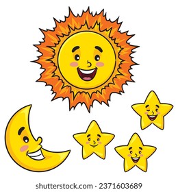 Illustration of cute cartoon of sun, moon, and stars.