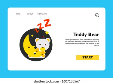 Illustration of cute cartoon teddy bear sitting on moon. Sleeping, night time, crescent. Night time concept. Can be used for topics like sleeping, childhood, night time