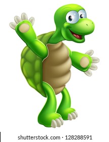 An illustration of a cute cartoon tortoise or turtle character waving