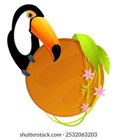 Ilustración de un lindo pájaro tucán de dibujos animados sentado en un letrero en forma de círculo, decorado con hojas tropicales y flores. Archivo EPS de Vector. Aislado en blanco.