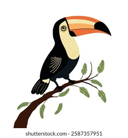 Illustration with cute cartoon toucan on a branch