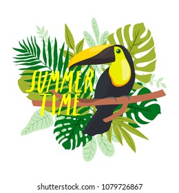 illustration with cute cartoon toucan with tropical leaves frame. cute summer wallpaper with parrots, tropical leaves and summertime text message