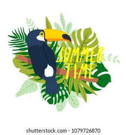 illustration with cute cartoon toucan with tropical leaves frame. cute summer wallpaper with parrots, tropical leaves and summertime text message