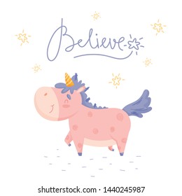 Illustration with cute cartoon unicorn with had draw lettering