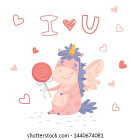 Illustration with cute cartoon unicorn with had draw lettering