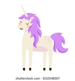 illustration of cute cartoon unicorn on white background. can be used like sticker or for birthday cards and baby showers invitations