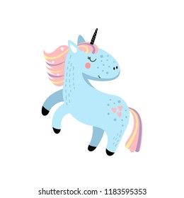 Illustration of cute cartoon unicorn on white background. It can be used for greeting cards or posters.