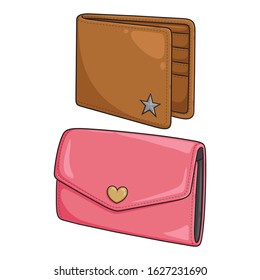 Illustration of cute cartoon wallet and purse.