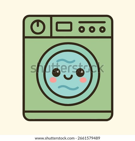 Illustration of a cute cartoon washing machine character with a smiling face and water bubbles inside, a charming illustration of a domestic appliance on a beige background