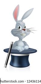 An illustration of a cute cartoon white rabbit character coming out of a magic hat with wand