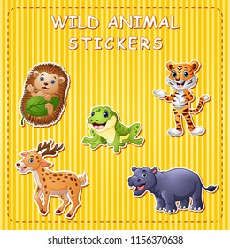 Illustration of cute cartoon wild animals on stickers 