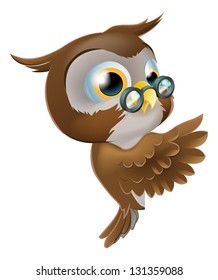 An illustration of a cute cartoon wise owl character with glasses peeking round from behind a sign and pointing or showing what it says
