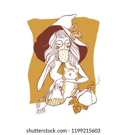 Illustration of cute cartoon witch drinking tea with cat
