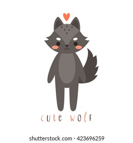 illustration of cute cartoon wolf on white background. can be used like sticker or for birthday cards and party invitations