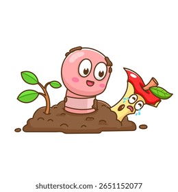 ilustração de verme de desenho animado bonito com maçã