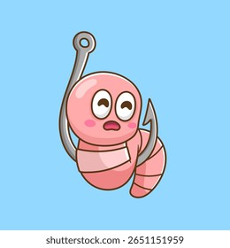 ilustração de verme de desenho animado bonito no anzol de pesca