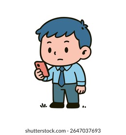 Illustration of a cute, cartoon-style businessman looking at his smartphone with a concerned expression.