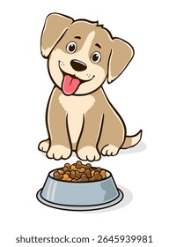 Illustration of a cute, cartoon-style puppy with floppy ears and a light brown coat. The puppy is sitting with its tongue out, appearing happy. In front of the puppy is a bowl filled with dog food.