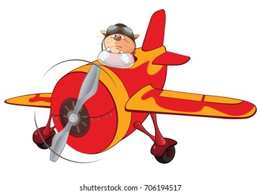 Illustration of a Cute Cat Aircraft Pilot and a Plane. Cartoon Character