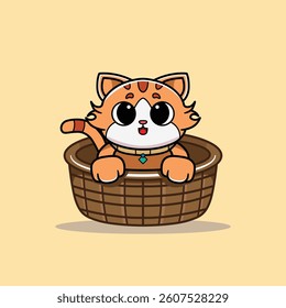 The Illustration Of A Cute Cat In A Basket