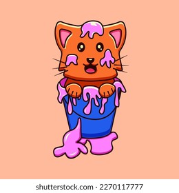 Illustration eines scharfen Katzenbades in gefärbter Flüssigkeit, scharfe Katze, die das Heilige Farbfestival Vektor Illustration Kat-Mascot-Charakter Karikaturenzeichen