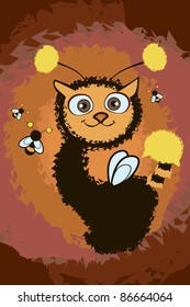 Illustration with cute cat and bees