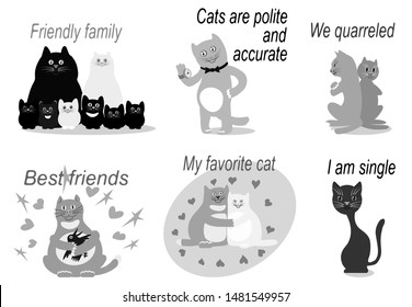 Illustration of a cute cat being a pet. Different situations with cats and cats. Vector illustration.