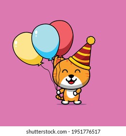 illustration of cute cat and birthday balloons vector design
