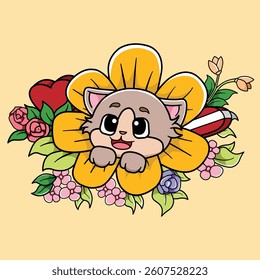 The Illustration Of A Cute Cat in a Bouquet