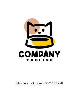 ilustración de un lindo gato y un tazón, logotipo de comida para gatos o logotipo de comida para mascotas.