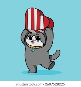 The Illustration Of A Cute Cat Brings A Big Gift