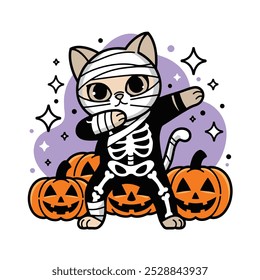 An illustration of a cute cat dressed as a mummy doing the dab in front of pumpkins.