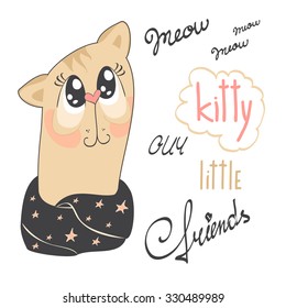 Illustration of a cute cat dressed in a warm scarf with stars.