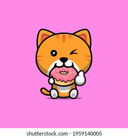 illustration of cute cat eating donuts vector design