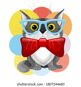 Illustration with a cute cat in glasses and with a bow tie on a background of multicolored circles.