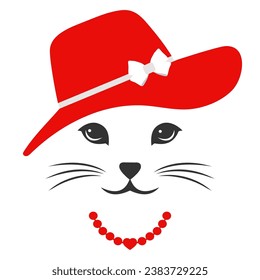Illustration of a cute cat in a hat and beads on a white background