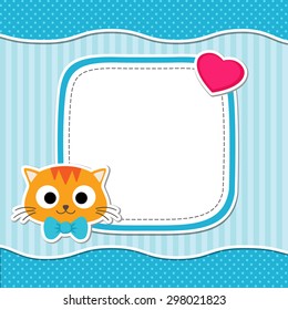 Illustration with cute cat and heart for boy. Vector template with place for your text.  Card for baby shower, birth announcement or birthday invitation.